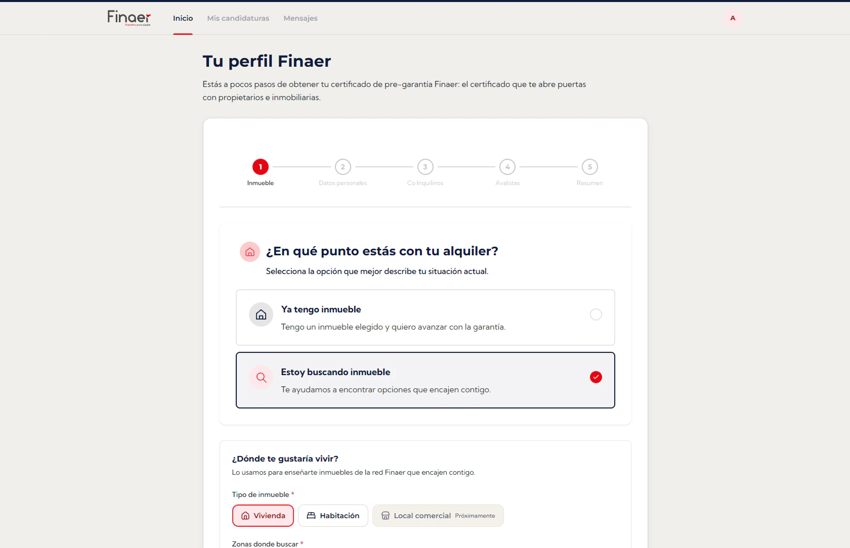 First profile step: where are you with your rental?, with the options I already have a property or I’m searching