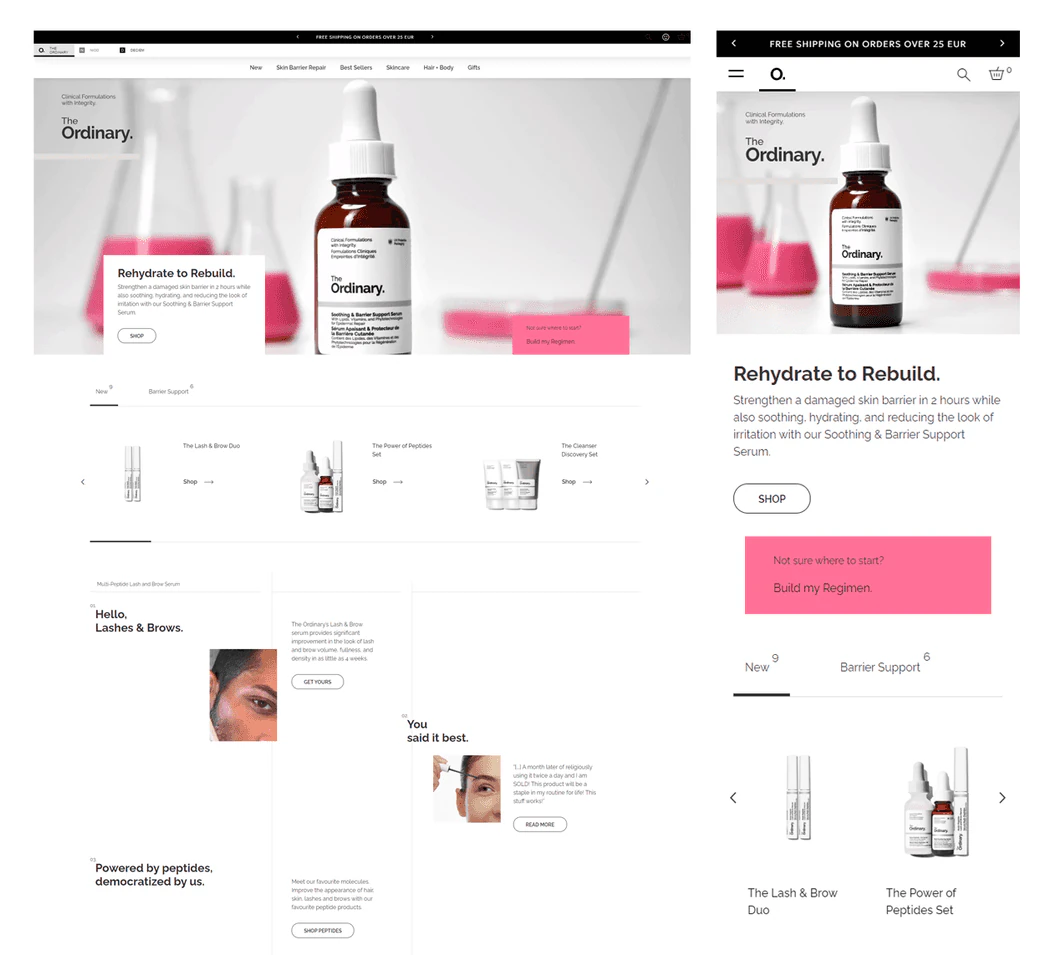 Web de The Ordinary en escritorio y en móvil
