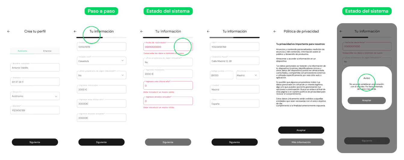 Registro por pasos con barra de progreso, validación de campos y aviso de error de conexión