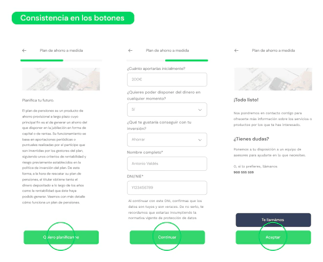 Flujo del plan de ahorro con el mismo botón principal en todas las pantallas