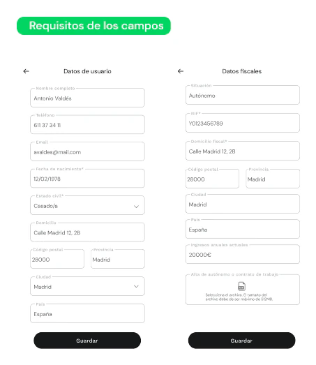 Formulario con los requisitos de cada campo indicados de antemano