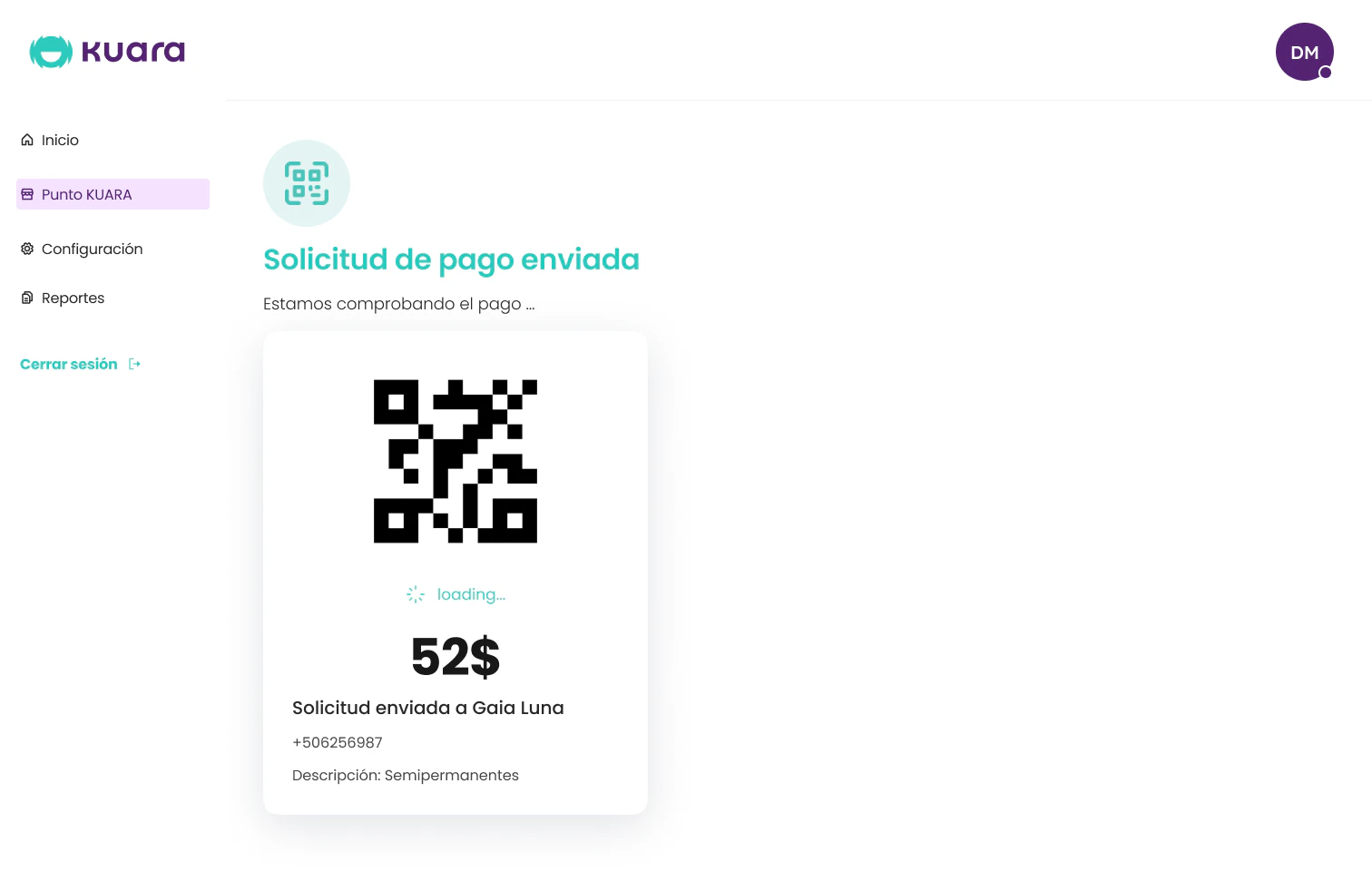Solicitud de pago enviada con su código QR y el monto