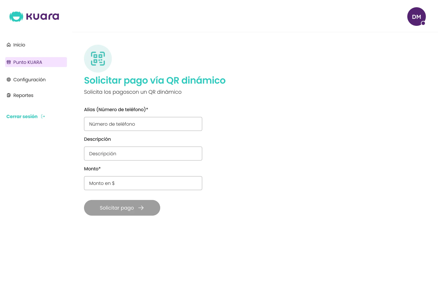 Formulario para solicitar un pago vía QR dinámico