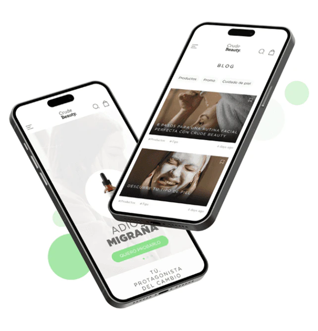 Web de CrudeBeauty en móvil: página de inicio y blog